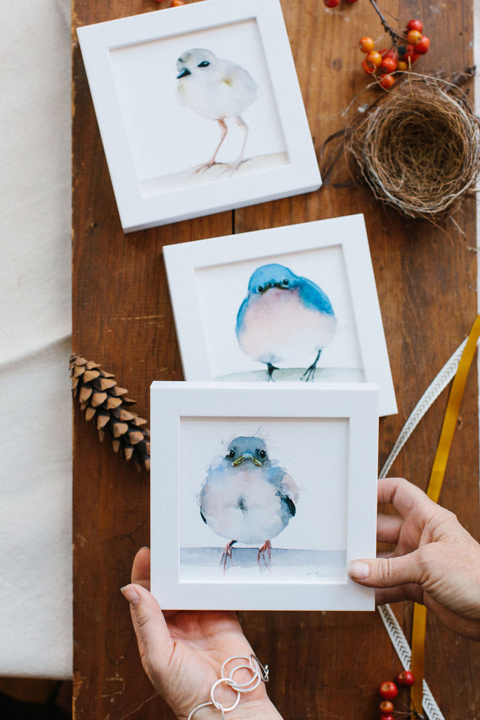 Artist Holly Wach holding print of Baby Blue Jay bird prints. 