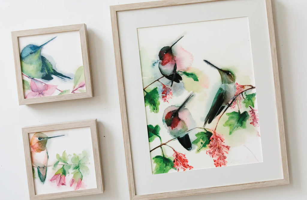 Holly Wach 'Fluttering Sparks' vibrant hummingbird watercolor prints