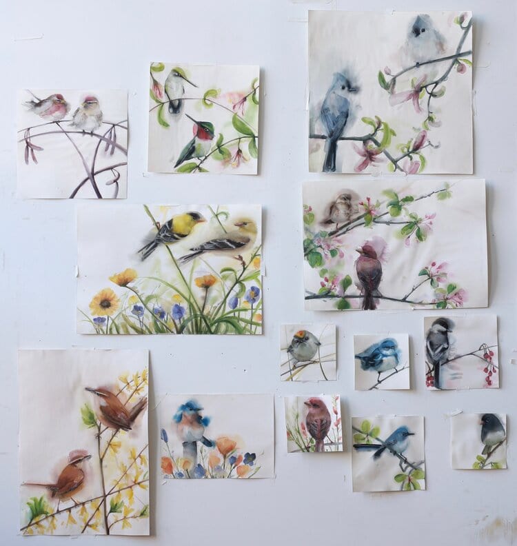 Holly Wach's paintings of original watercolor songbirds