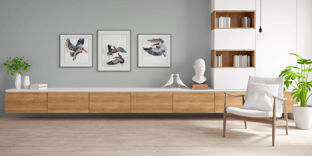 Holly Wach's bird watercolor art painting of pelicans in flight