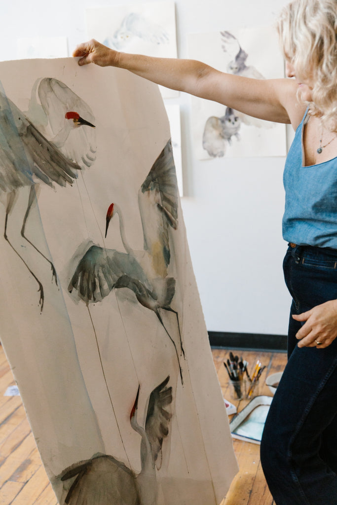 Holly Wach 'Oh, to Fly!' bird watercolor art paints large-format nature artwork in her studio