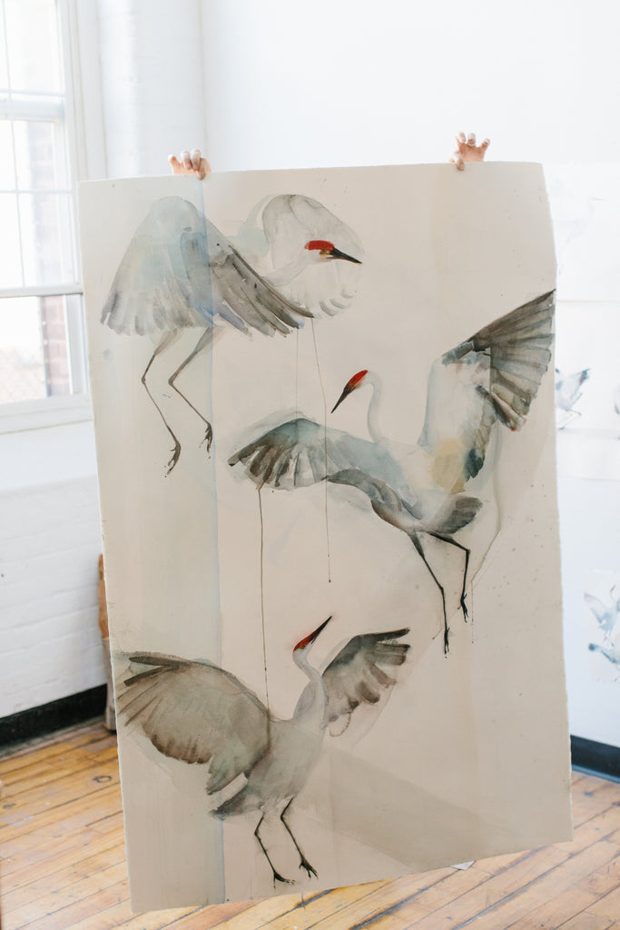 Holly Wach 'Oh, to Fly!' bird watercolor art paints large-format nature artwork in her studio