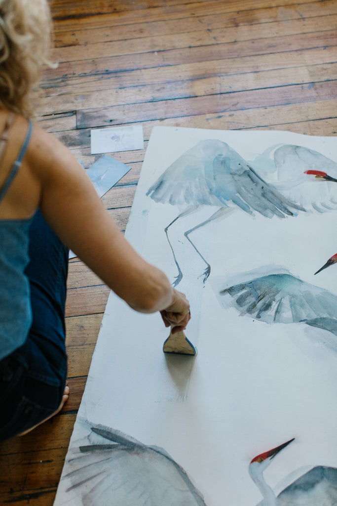 Holly Wach 'Oh, to Fly!' bird watercolor art paints large-format nature artwork in her studio