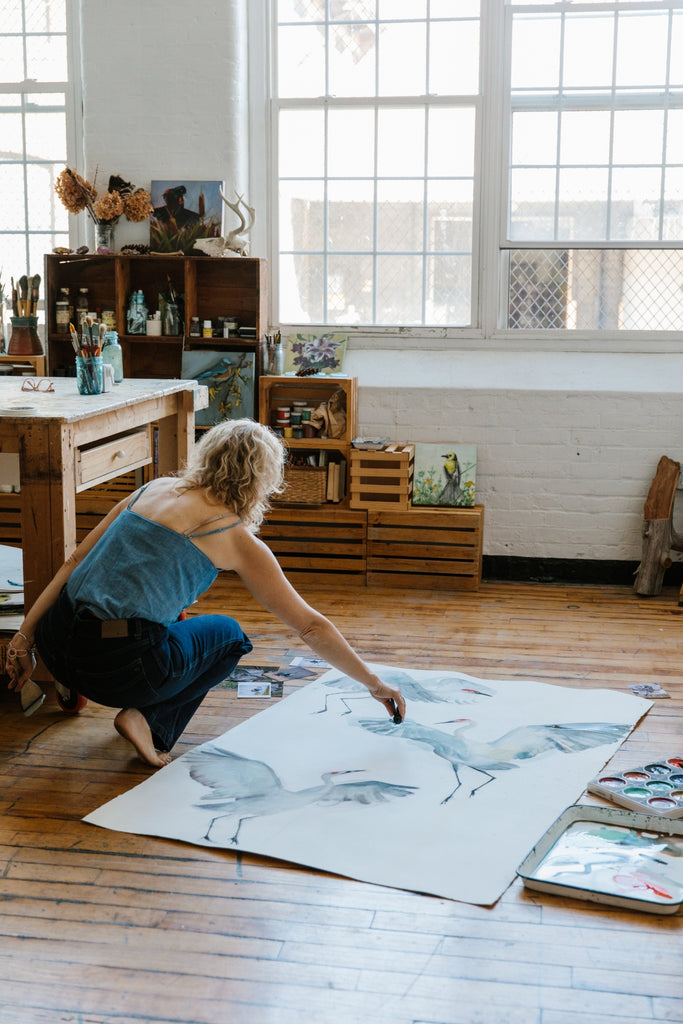 Holly Wach 'Oh, to Fly!' bird watercolor art paints large-format nature artwork in her studio