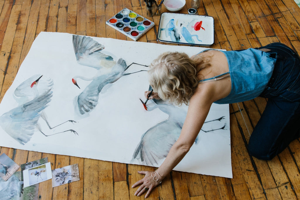 Holly Wach 'Oh, to Fly!' bird watercolor art paints large-format nature artwork in her studio