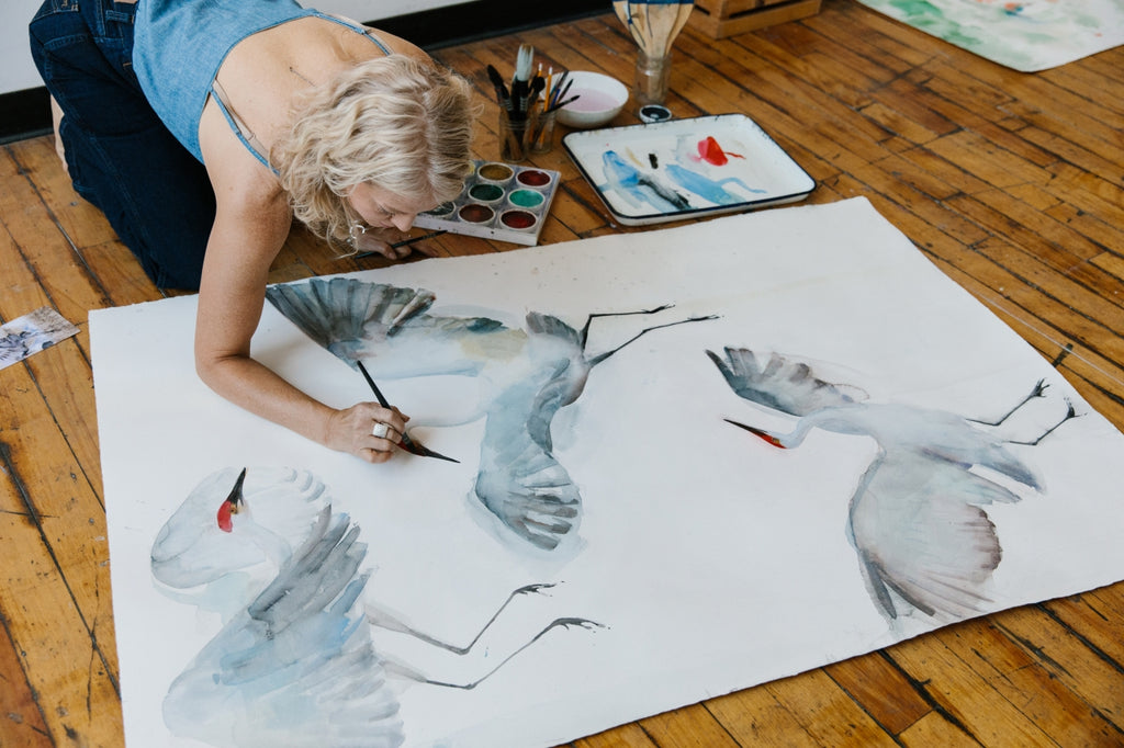 Holly Wach 'Oh, to Fly!' bird watercolor art paints large-format nature artwork in her studio