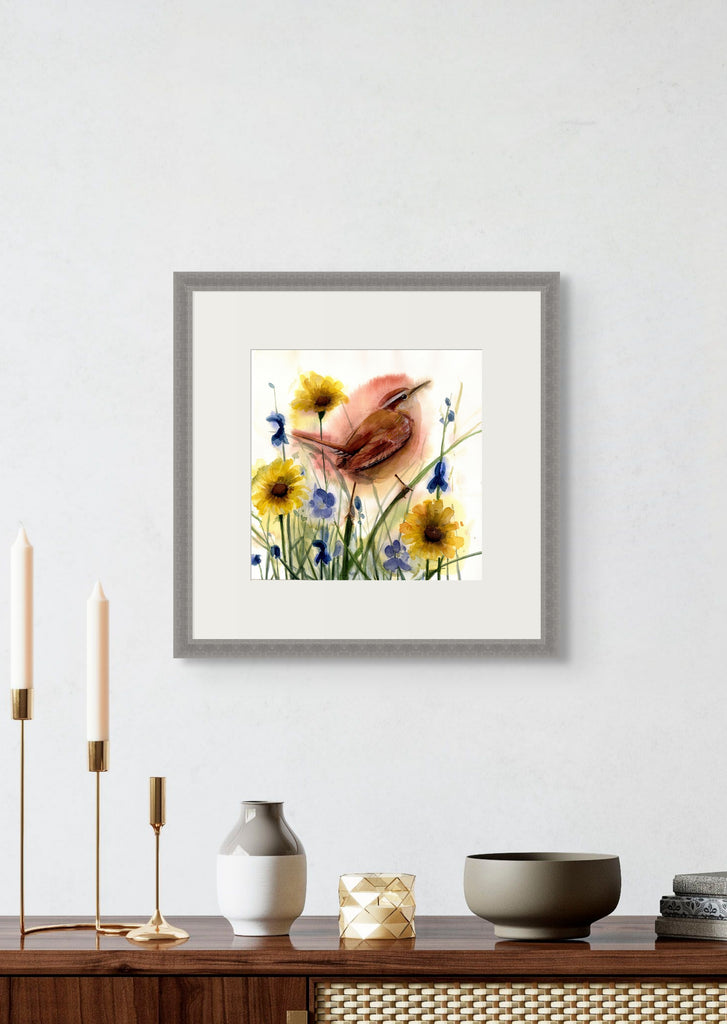 Holly Wach's original songbird watercolor painting of a Carolina wren