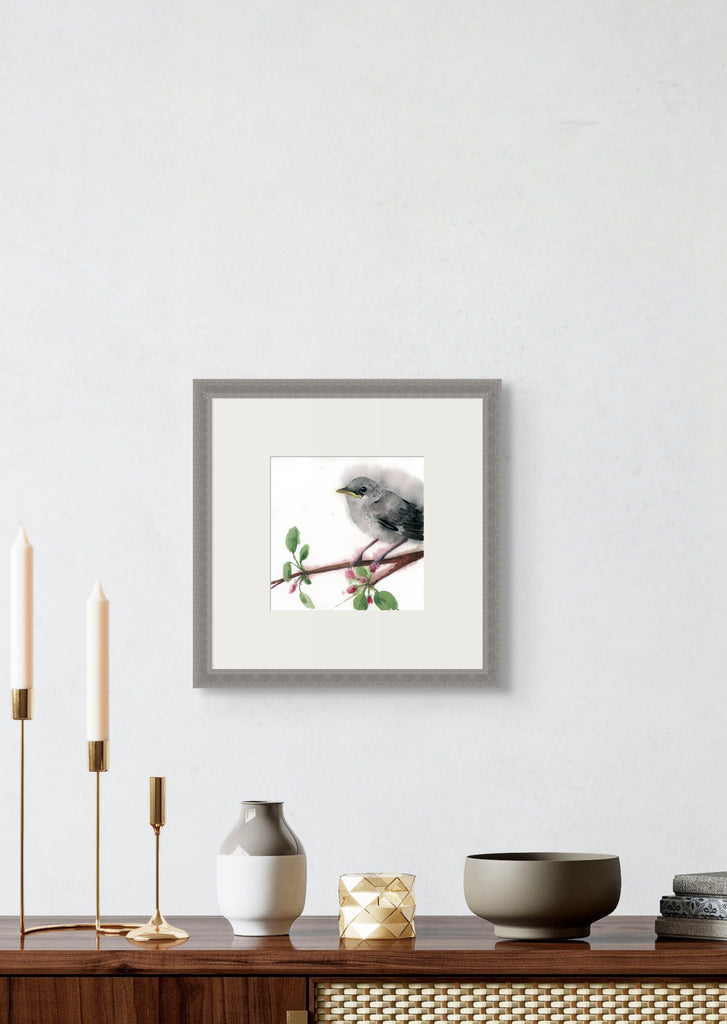 Holly Wach's original songbird watercolor painting of a Fledging Mockingbird