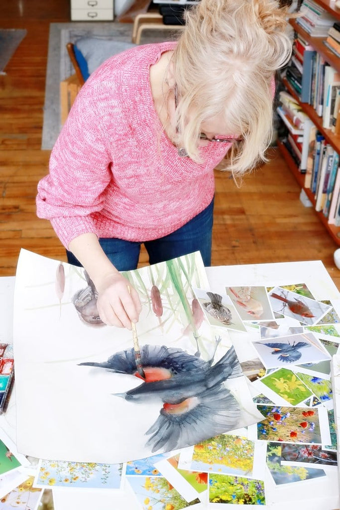 Holly Wach paints original songbird watercolors