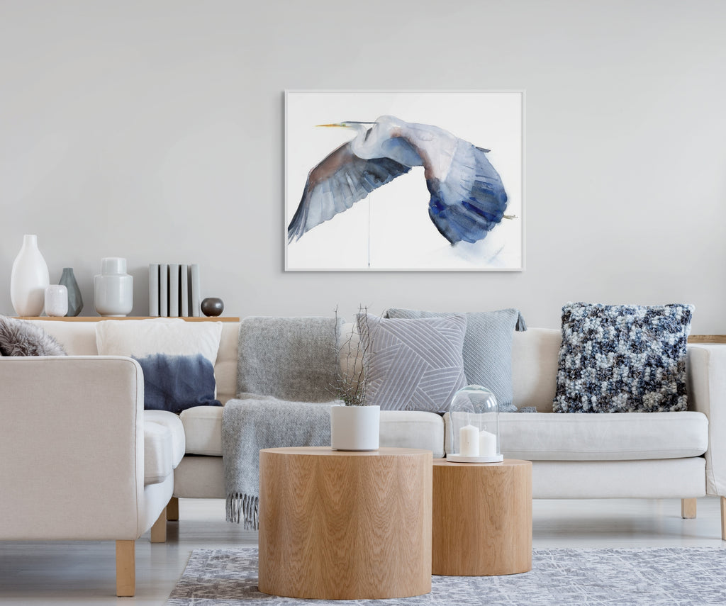 Holly Wach's bird watercolor art painting of a heron flying