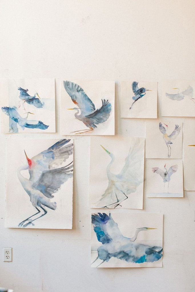 Holly's original art displaying bird watercolor art paintings