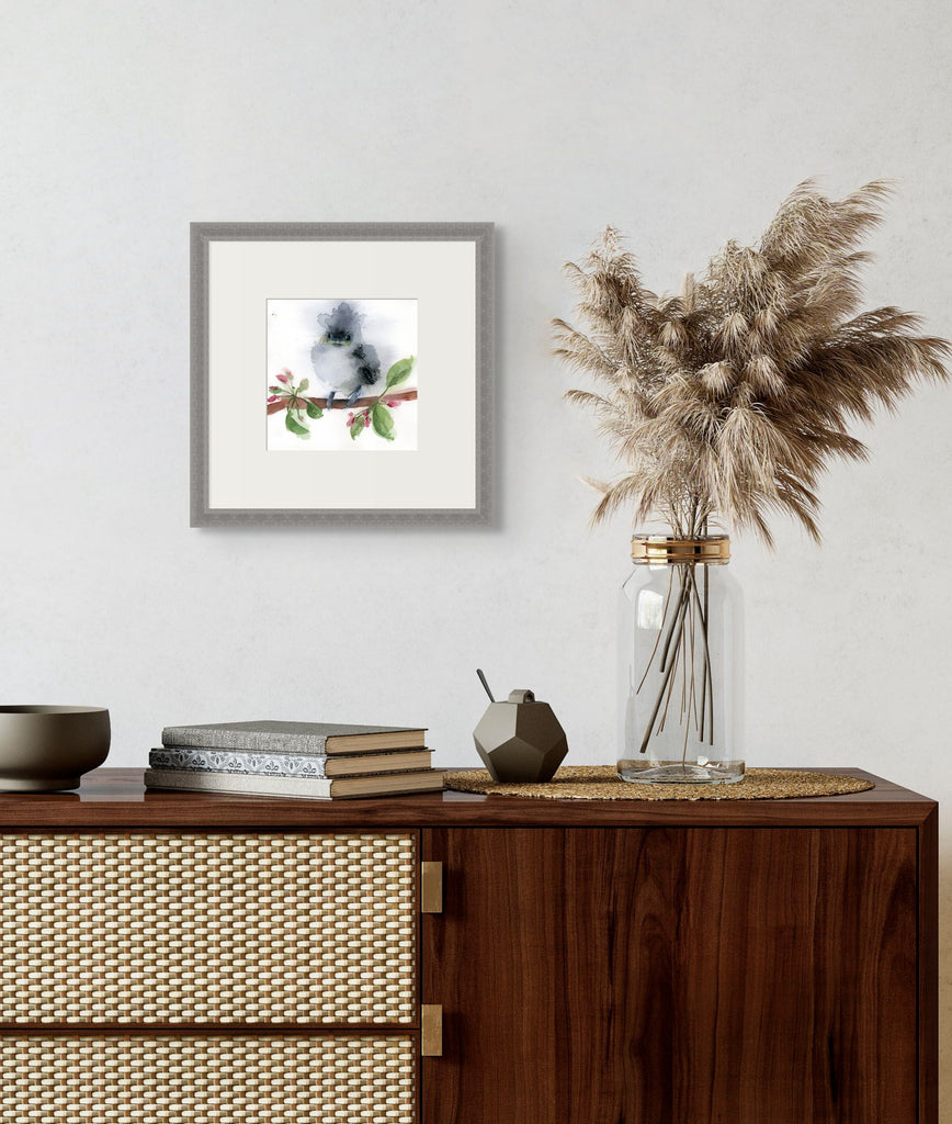 Holly Wach's original songbird watercolor painting of a Fledging Tufted Titmouse