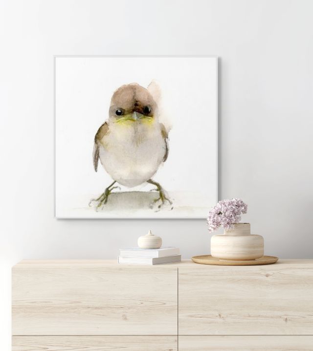 Holly Wach baby bird watercolor prints art artwork on a wall