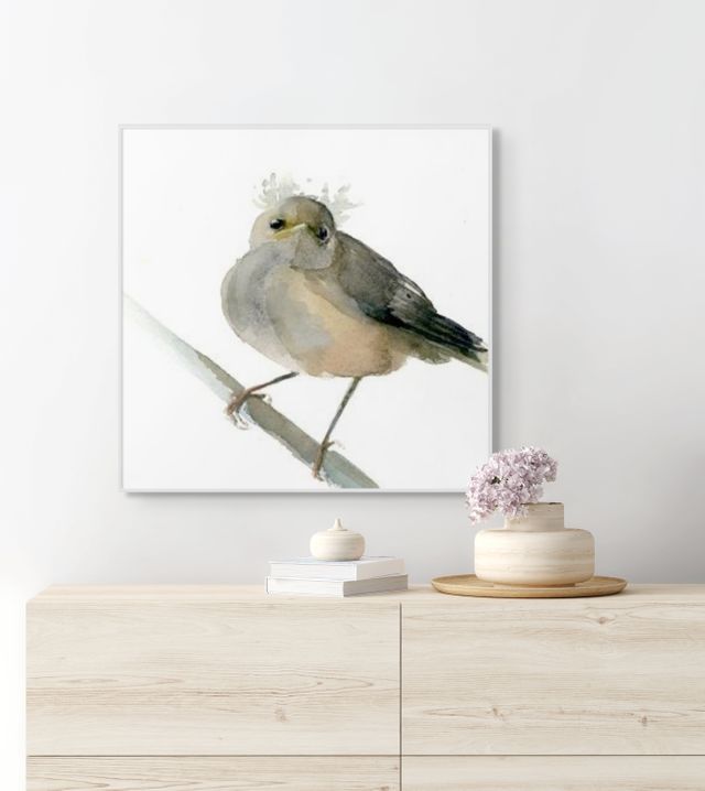 Holly Wach baby bird watercolor prints art artwork on a wall
