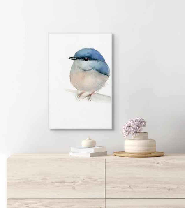 Holly Wach baby bird watercolor prints art artwork on a wall
