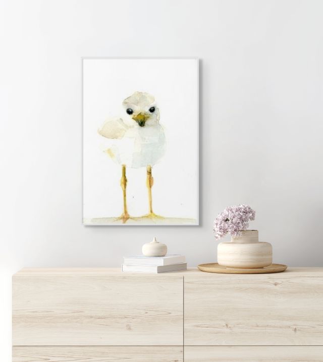 Holly Wach baby bird watercolor prints art artwork on a wall