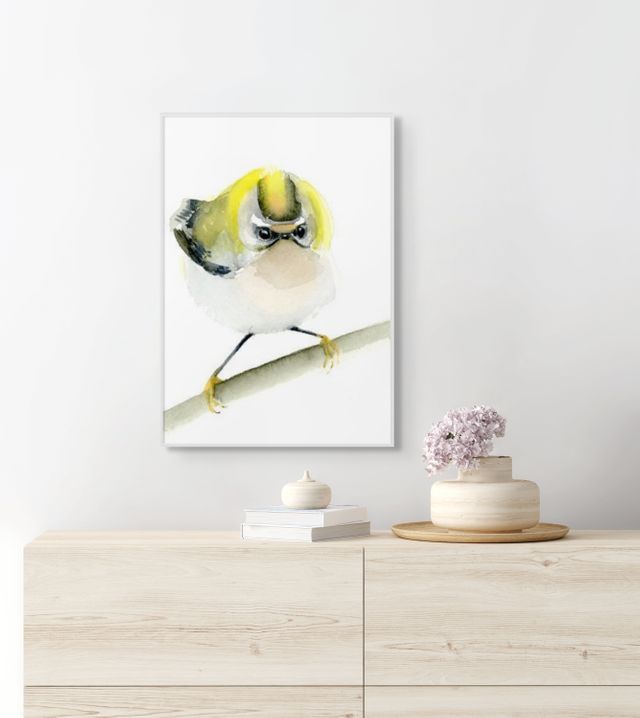 Holly Wach baby bird watercolor prints art artwork on a wall